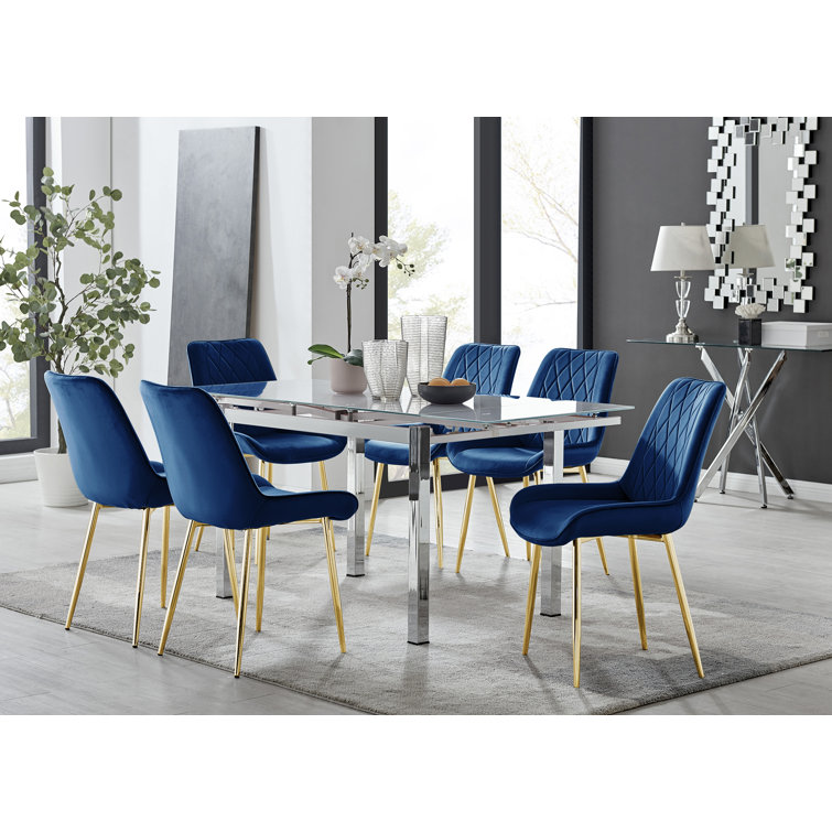 Tierra Modern Glass Metal Extendable Dining Table Set 6 Luxury Upholstered Velvet Dining Chairs